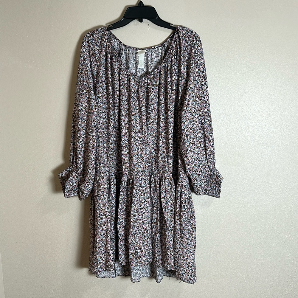 H&M Long‎ Puff Sleeve Mini Dress Purple Floral Pattern Peasant Dress